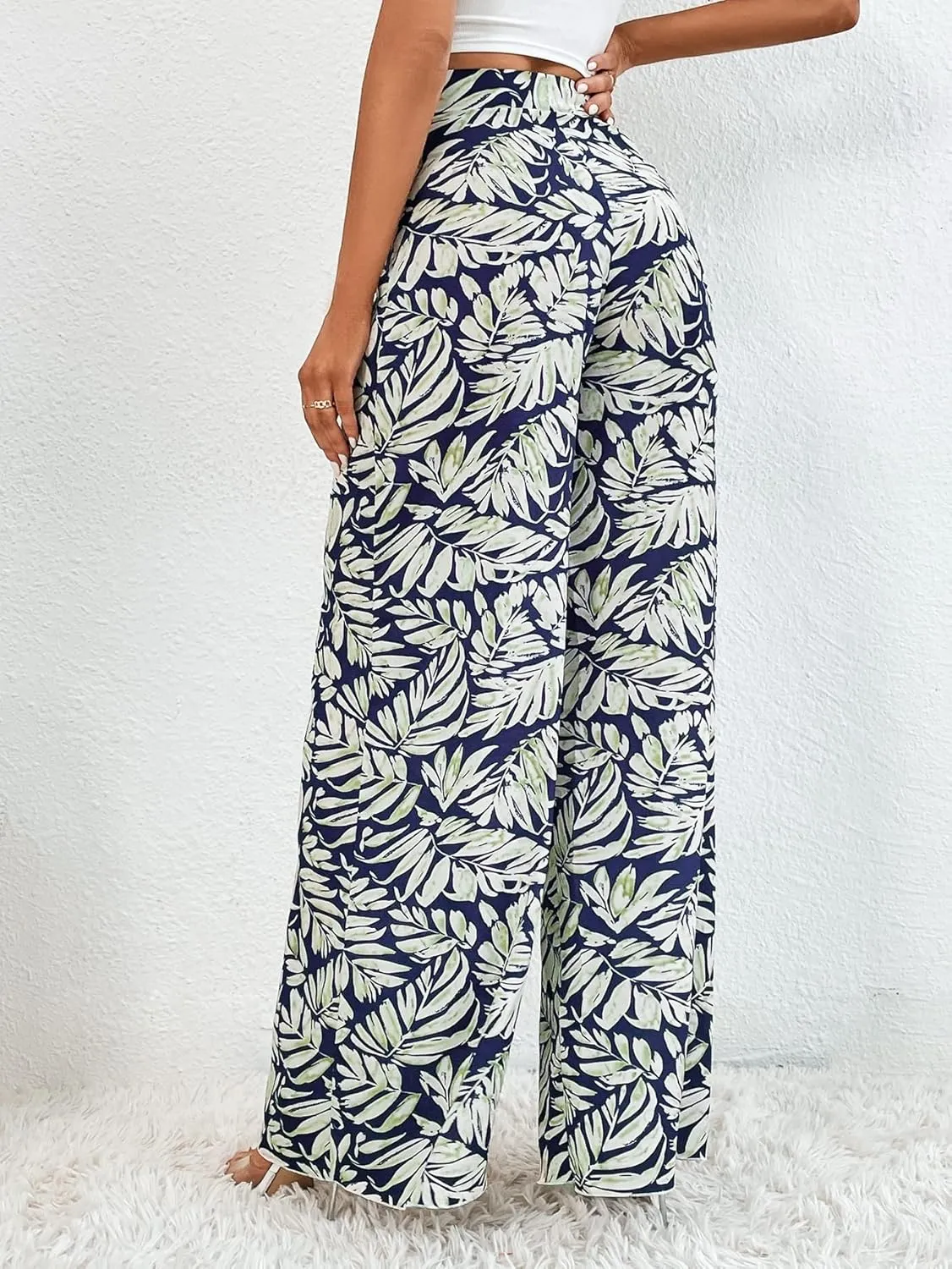 WDIRARA Women's Tropical Print High Elastic Waisted Wide Leg Loose Pants Trousers