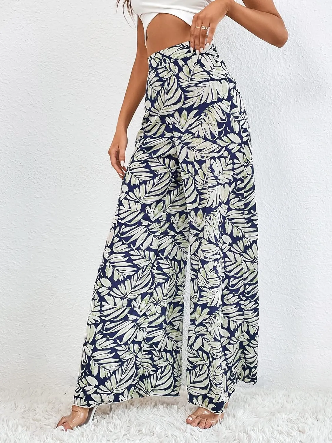 WDIRARA Women's Tropical Print High Elastic Waisted Wide Leg Loose Pants Trousers