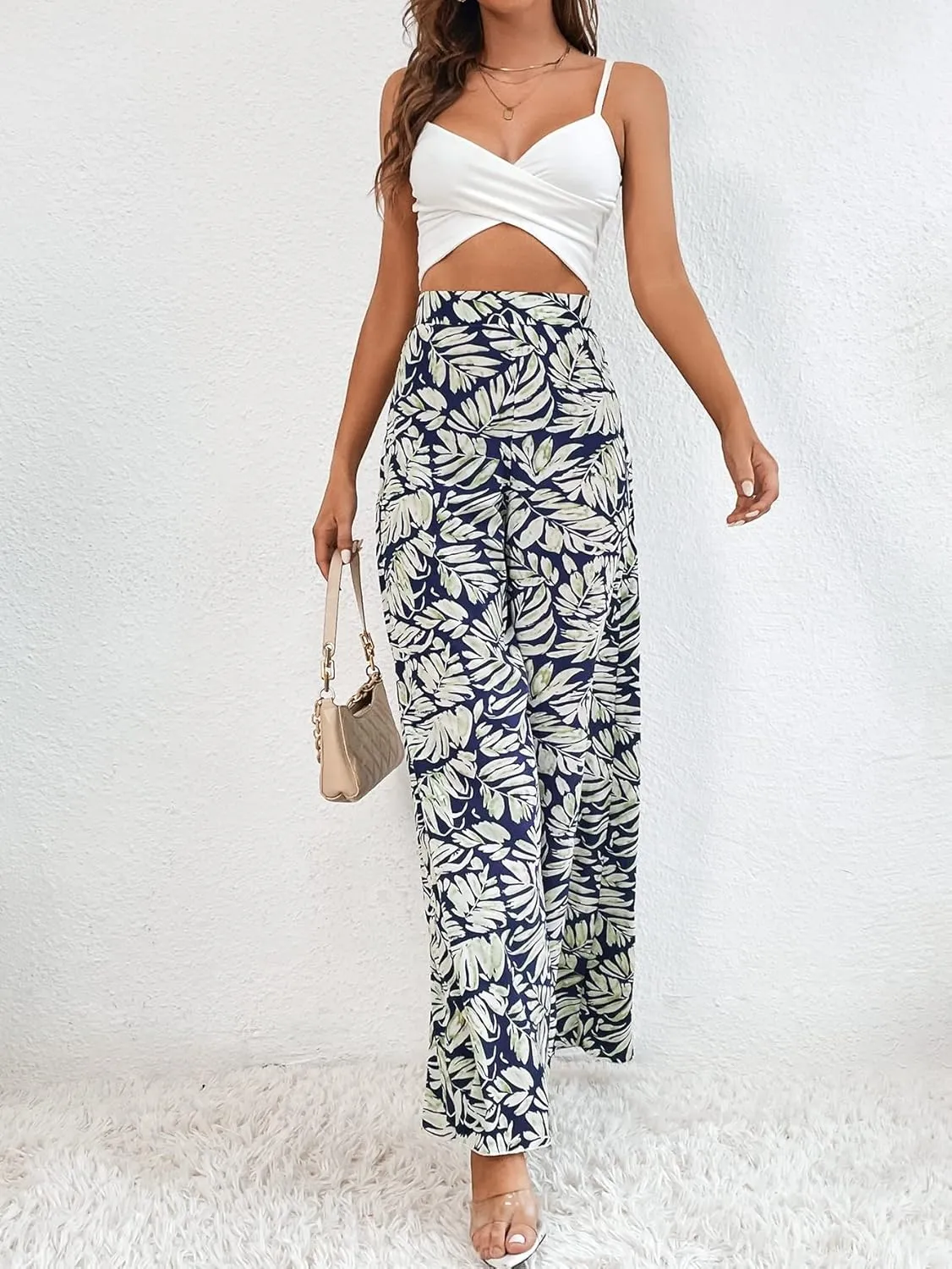 WDIRARA Women's Tropical Print High Elastic Waisted Wide Leg Loose Pants Trousers