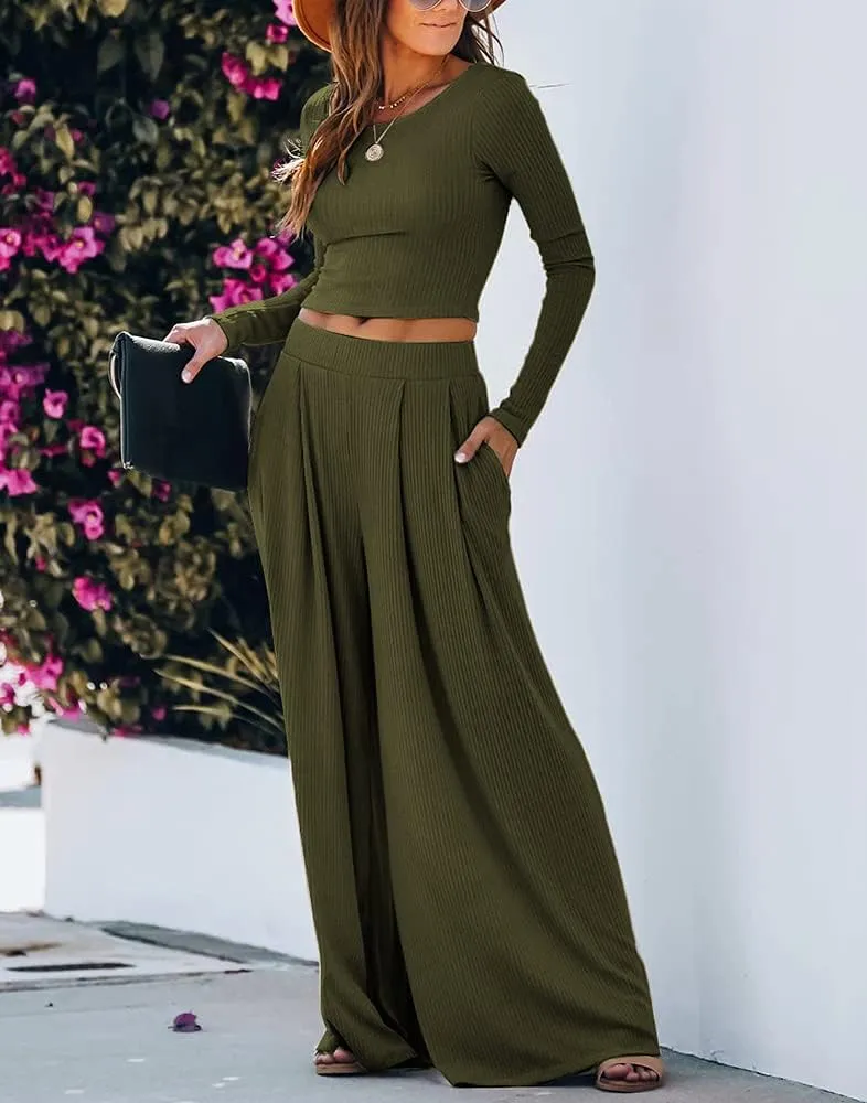 Wide Leg Pant Suits for Women Elegant 2 Piece Solid Outfits Long Sleeve Crop Top High Waist Long Pants with Pockets