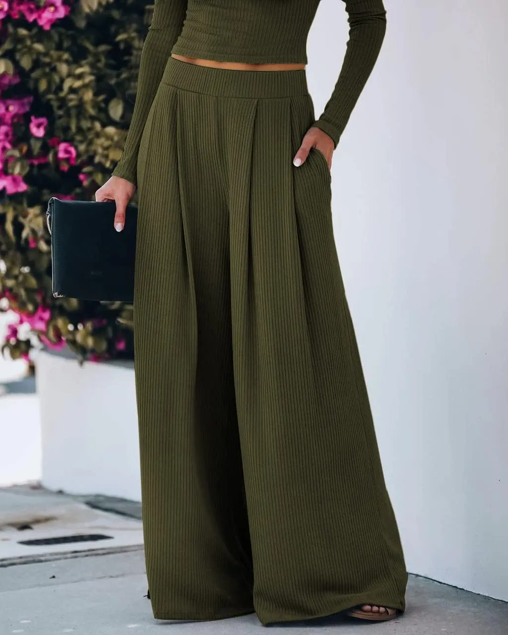 Wide Leg Pant Suits for Women Elegant 2 Piece Solid Outfits Long Sleeve Crop Top High Waist Long Pants with Pockets