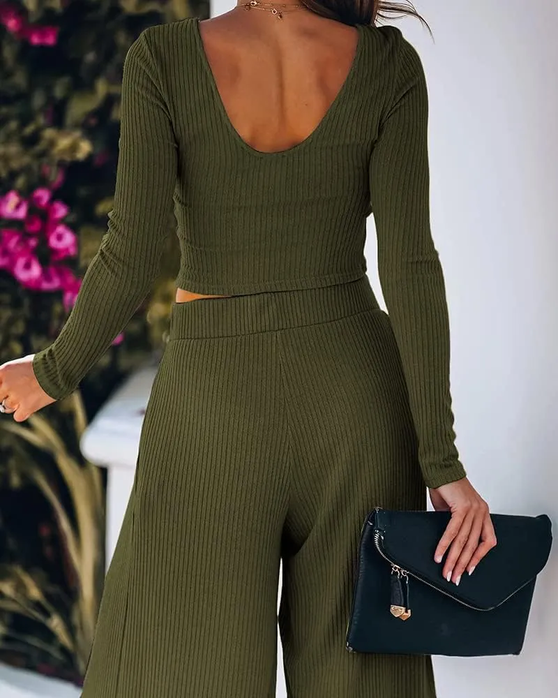 Wide Leg Pant Suits for Women Elegant 2 Piece Solid Outfits Long Sleeve Crop Top High Waist Long Pants with Pockets