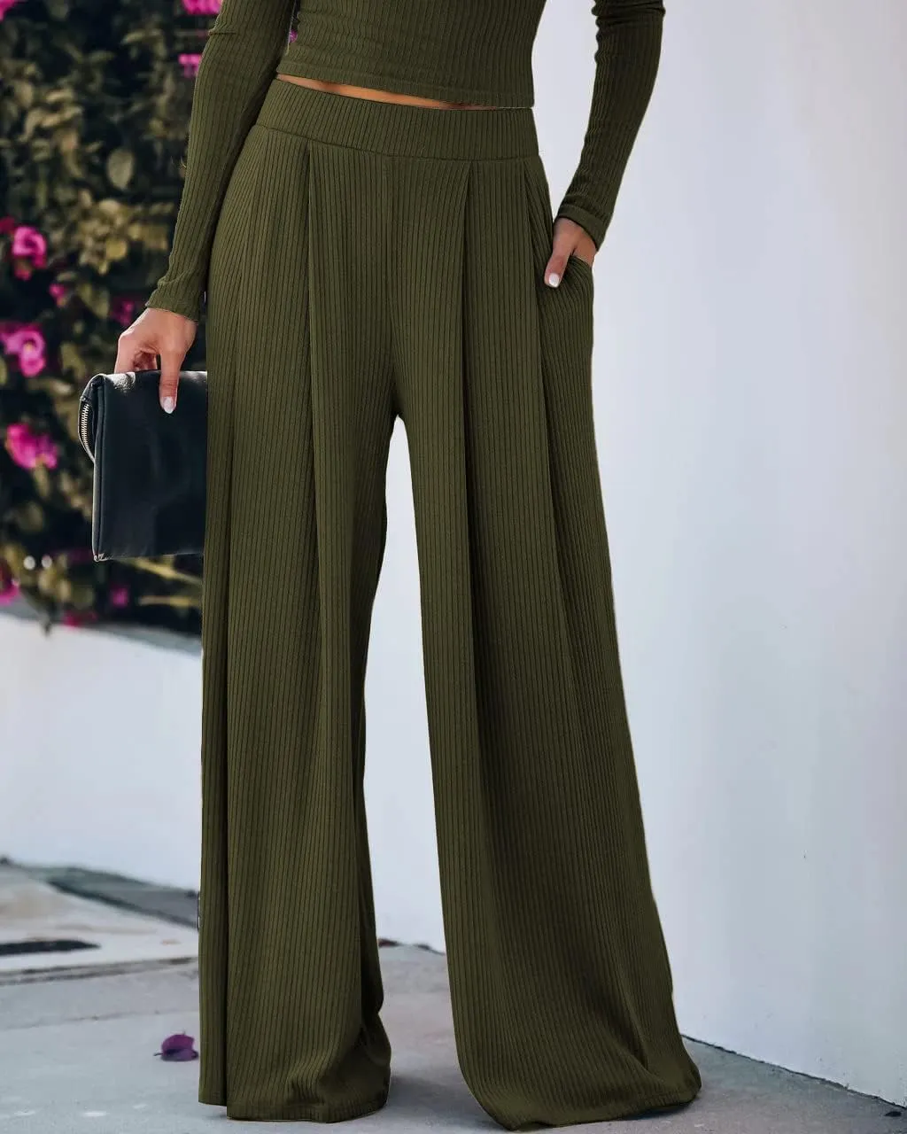 Wide Leg Pant Suits for Women Elegant 2 Piece Solid Outfits Long Sleeve Crop Top High Waist Long Pants with Pockets