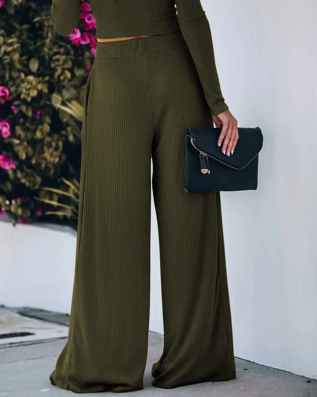 Wide Leg Pant Suits for Women Elegant 2 Piece Solid Outfits Long Sleeve Crop Top High Waist Long Pants with Pockets