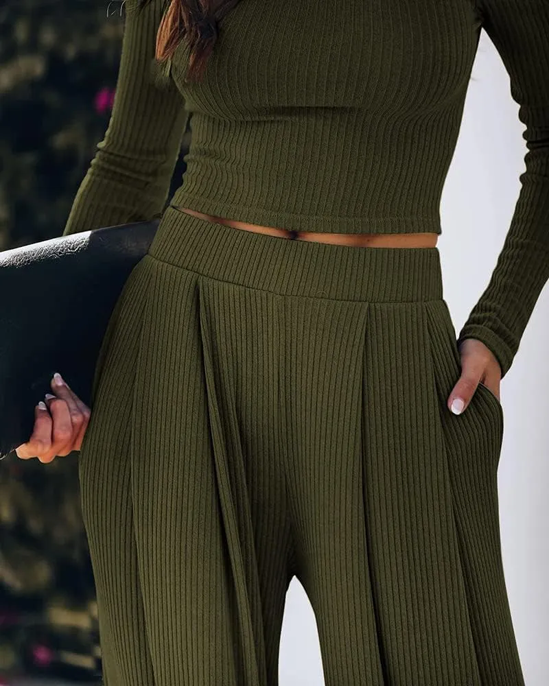 Wide Leg Pant Suits for Women Elegant 2 Piece Solid Outfits Long Sleeve Crop Top High Waist Long Pants with Pockets