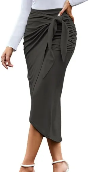 WISFRUIT Women's Maxi Skirt High Waist Ruched Pencil Long Skirts Casual Slit Bow Tie Wrap Skirt