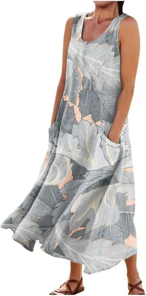 Women Casual Cotton Linen Sleeveless Maxi Dress Ruffle Tank Dresses Flowy Beach Summer Long Sundress with Pockets