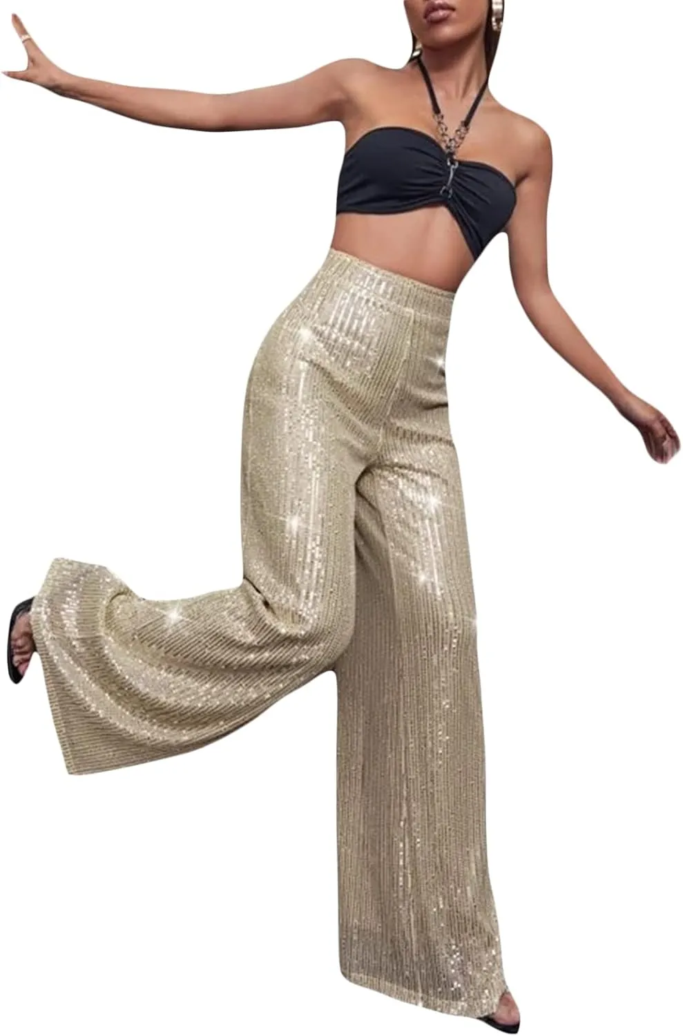 Women Elegant High Waist Wide Leg Shiny Sequined Pants Loose Fit Trousers Disco Outfit Party Clubwear