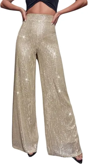 Women Elegant High Waist Wide Leg Shiny Sequined Pants Loose Fit Trousers Disco Outfit Party Clubwear