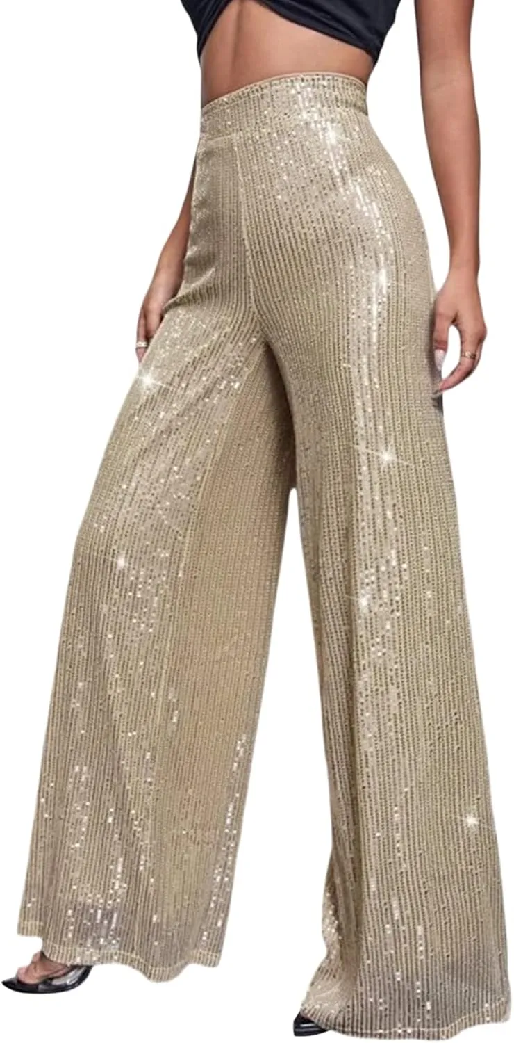 Women Elegant High Waist Wide Leg Shiny Sequined Pants Loose Fit Trousers Disco Outfit Party Clubwear