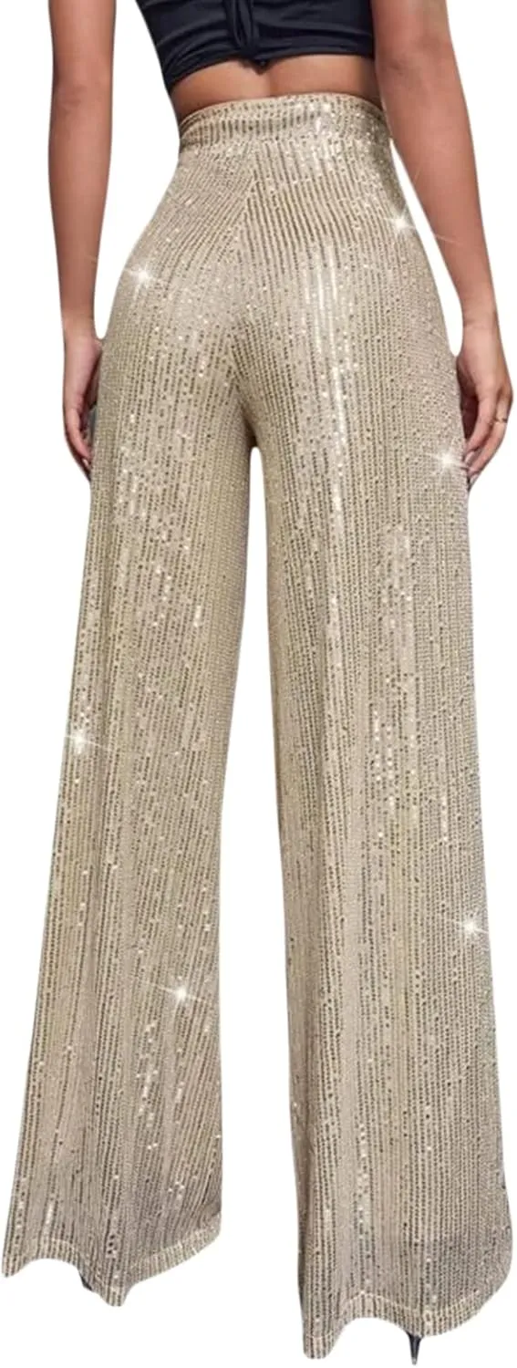 Women Elegant High Waist Wide Leg Shiny Sequined Pants Loose Fit Trousers Disco Outfit Party Clubwear