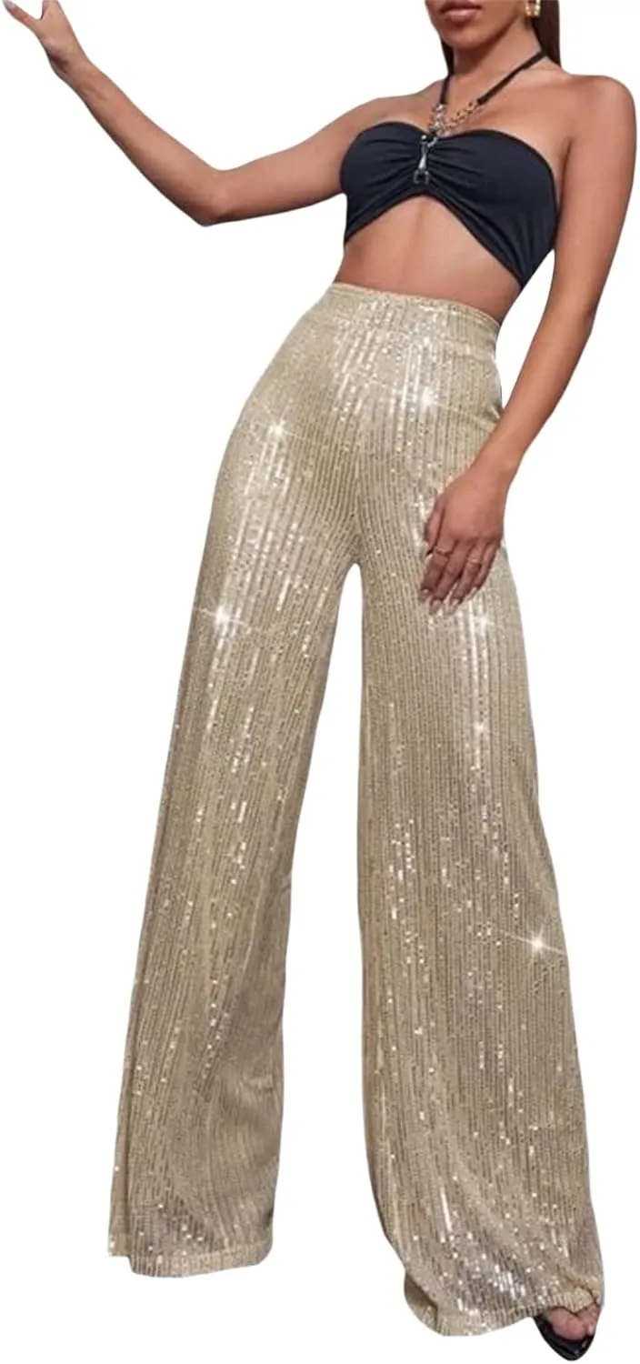 Women Elegant High Waist Wide Leg Shiny Sequined Pants Loose Fit Trousers Disco Outfit Party Clubwear