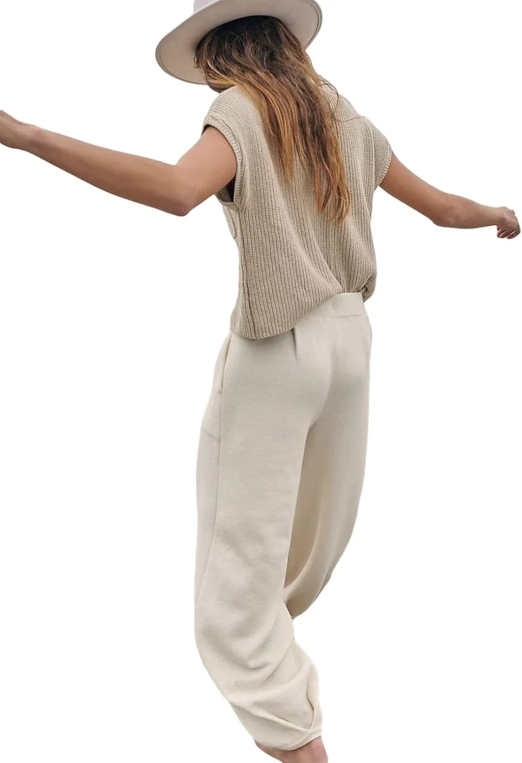 Women Knit Two Piece Pants Set Short Sleeve Knitted Sweater Tops High Waist Long Trousers Casual Going Out Outfit
