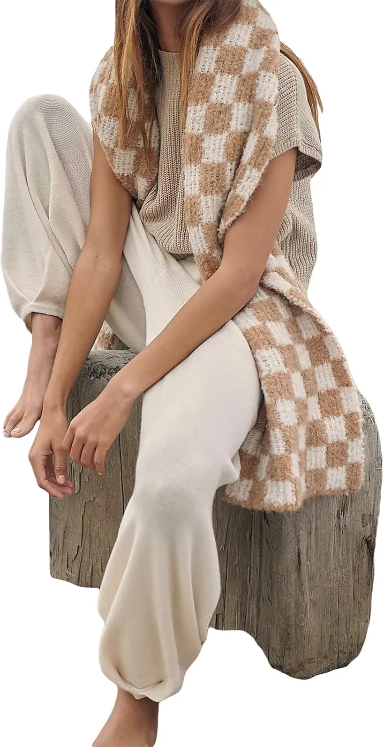 Women Knit Two Piece Pants Set Short Sleeve Knitted Sweater Tops High Waist Long Trousers Casual Going Out Outfit