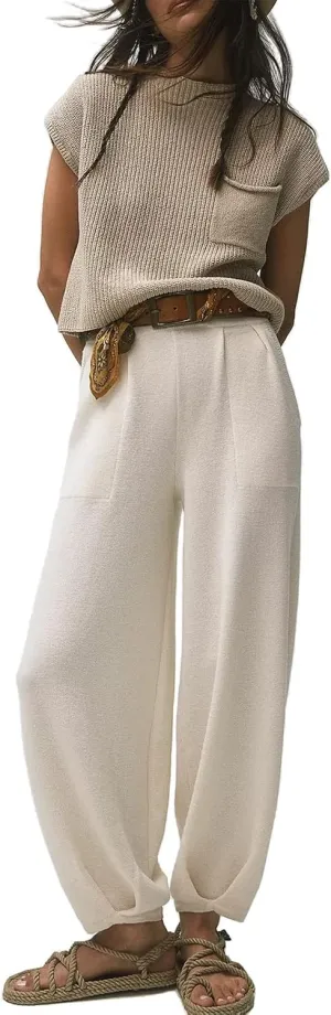 Women Knit Two Piece Pants Set Short Sleeve Knitted Sweater Tops High Waist Long Trousers Casual Going Out Outfit