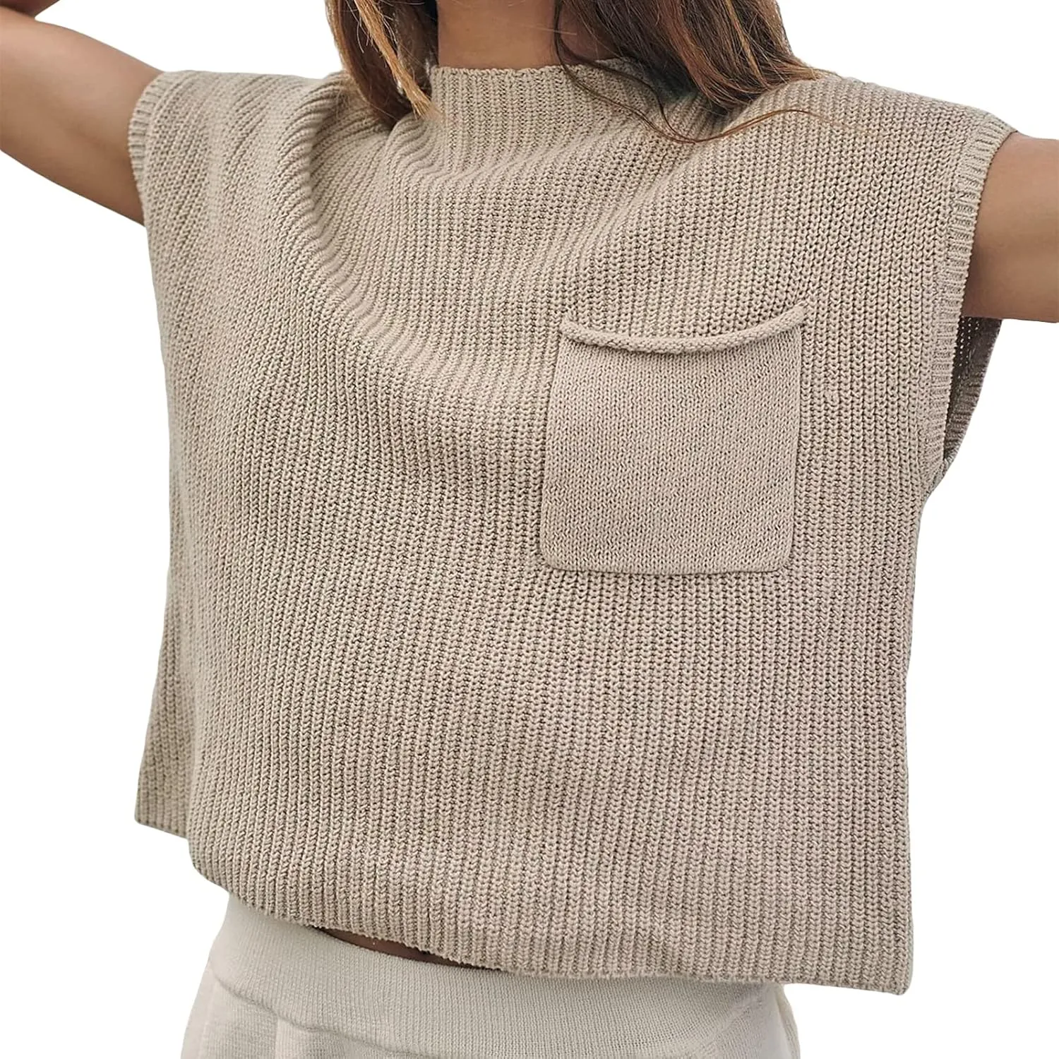 Women Knit Two Piece Pants Set Short Sleeve Knitted Sweater Tops High Waist Long Trousers Casual Going Out Outfit