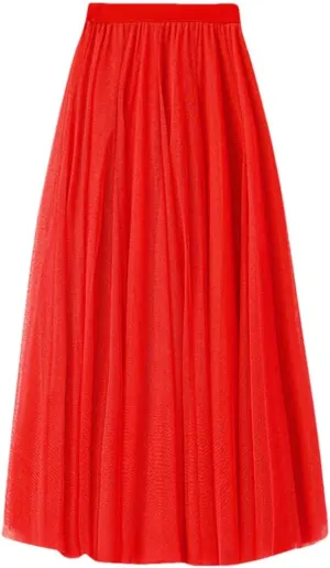 Women Loose Mid Length Party Dance High Waisted Tulle A Line Skirt Solid Color Holiday Party Large Swing Skirts