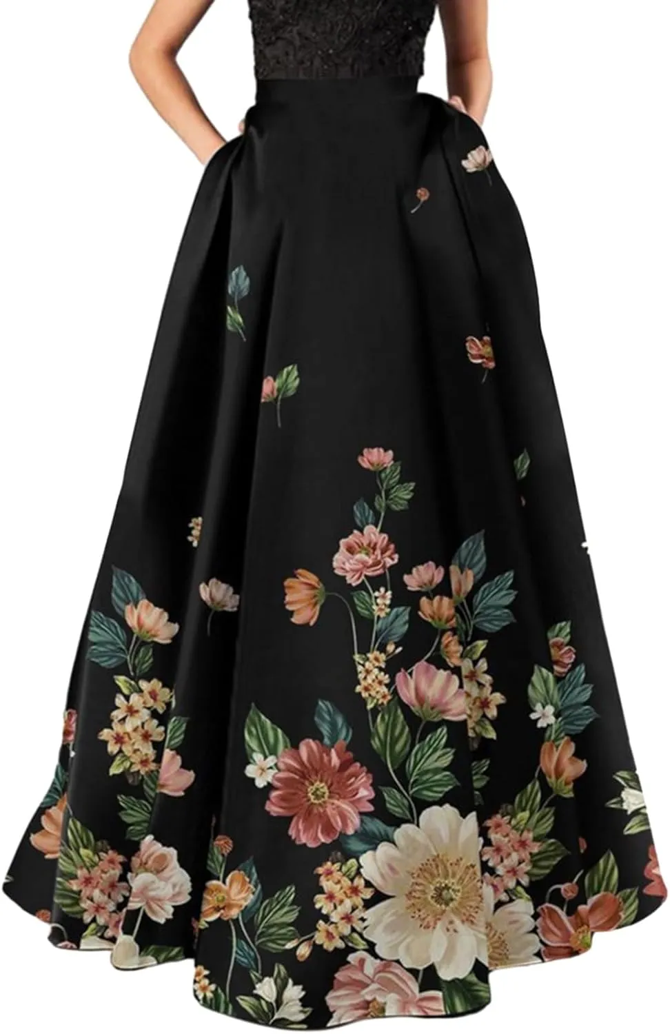 Women Maxi High Waist Long Skirt A-line Big Swing Flower Print Zipper Half-opening Bohemian Skirts