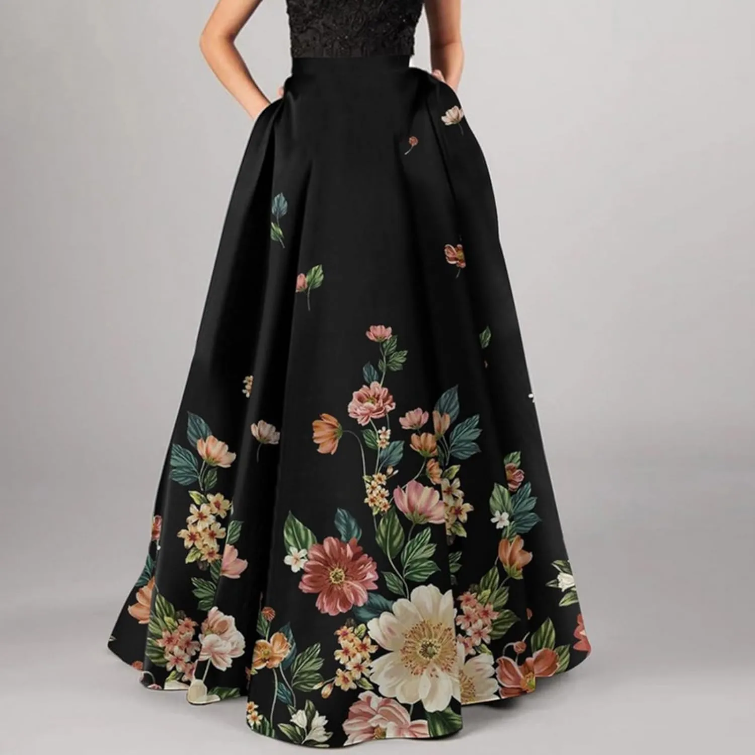 Women Maxi High Waist Long Skirt A-line Big Swing Flower Print Zipper Half-opening Bohemian Skirts