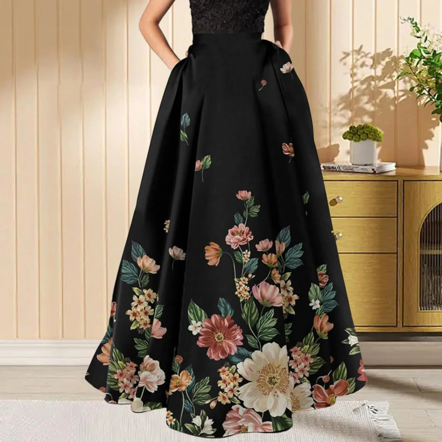 Women Maxi High Waist Long Skirt A-line Big Swing Flower Print Zipper Half-opening Bohemian Skirts