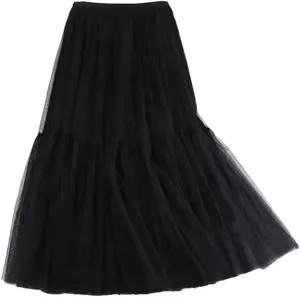 Women Mesh Skirt Elastic High Waist Fluffy Irregular Hem Casual A-Line Midi Skirts