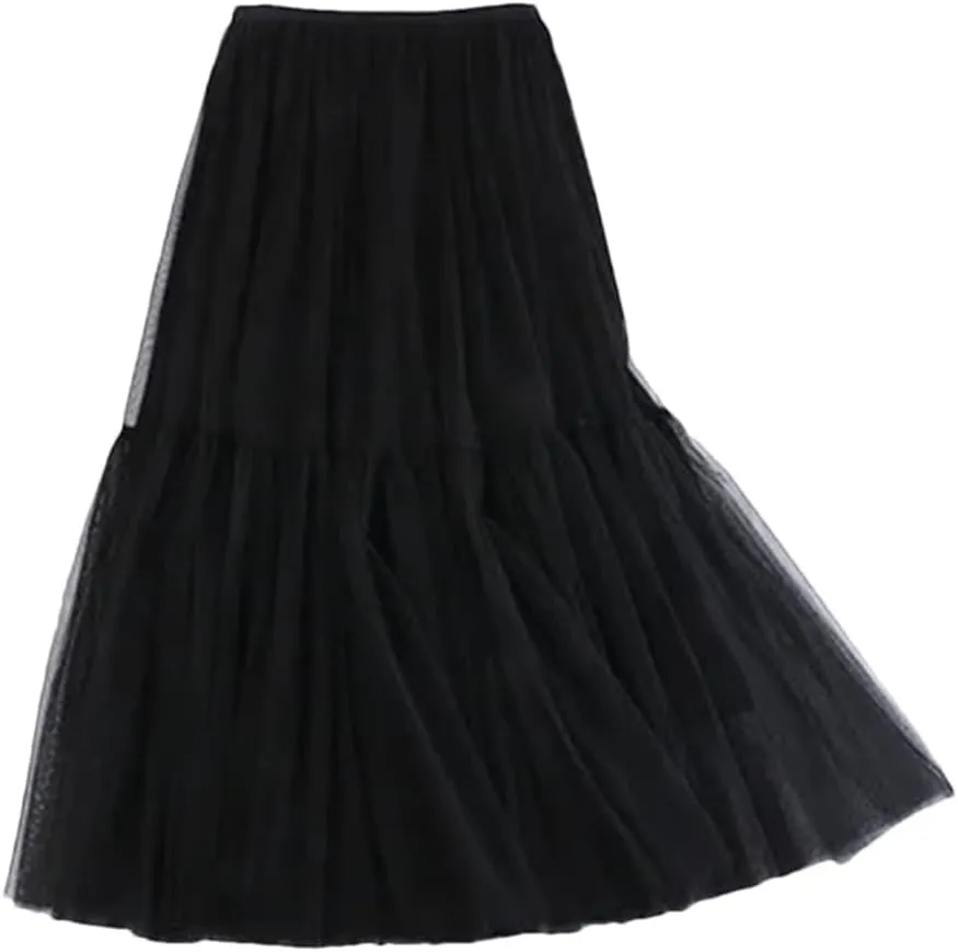 Women Mesh Skirt Elastic High Waist Fluffy Irregular Hem Casual A-Line Midi Skirts