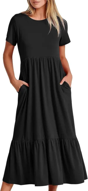 Women Plus Size Casual Tiered Maxi Long Dress Crew Neck Short Sleeve Summer Flowy Solid Color Dress with Pockets 2025
