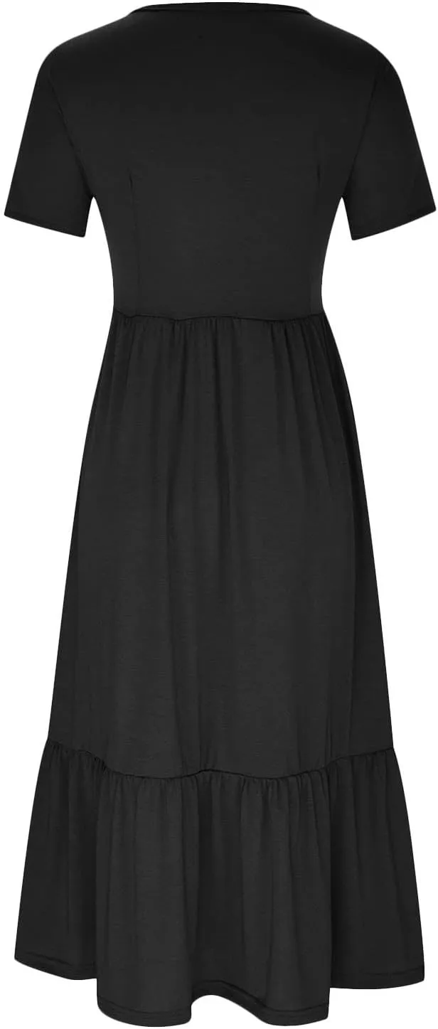 Women Plus Size Casual Tiered Maxi Long Dress Crew Neck Short Sleeve Summer Flowy Solid Color Dress with Pockets 2025