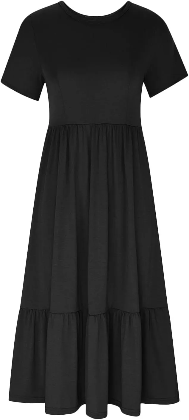 Women Plus Size Casual Tiered Maxi Long Dress Crew Neck Short Sleeve Summer Flowy Solid Color Dress with Pockets 2025