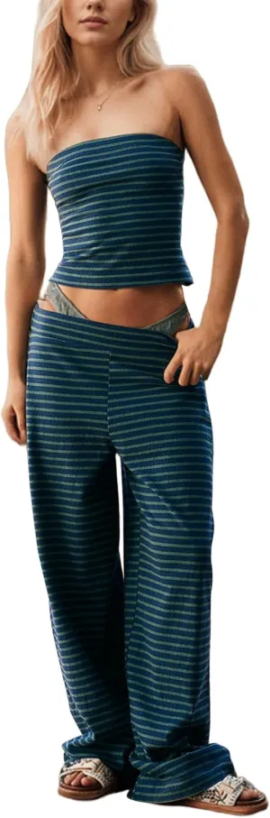 Women Sailor Tube Top Set 2 Piece Outfits Striped Strapless Bandeau Low Waist Wide-Leg Pants Lounge Sets