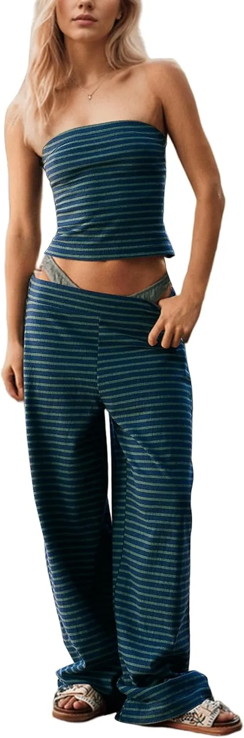 Women Sailor Tube Top Set 2 Piece Outfits Striped Strapless Bandeau Low Waist Wide-Leg Pants Lounge Sets