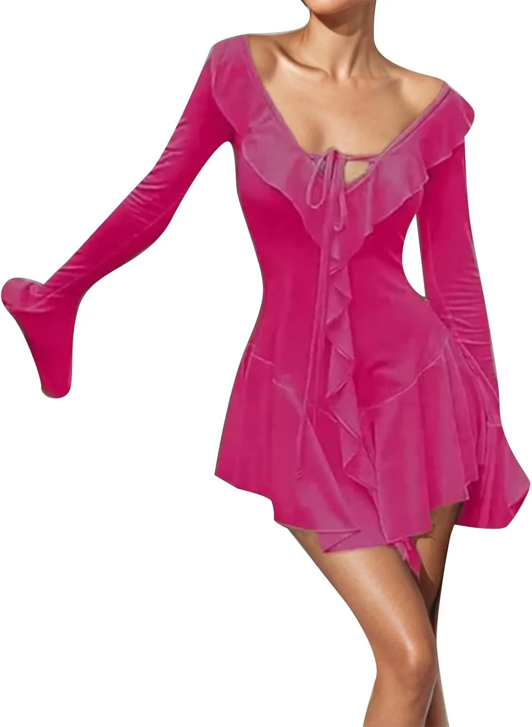Women Sexy V Neck Tie Front Ruffle Mini Dress Autumn Long Sleeve Casual Slim Fit Solid Ruched Women Dresses Knee