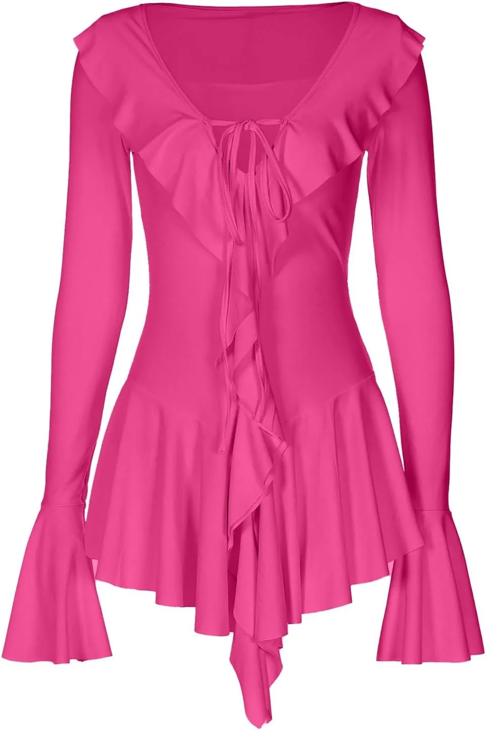 Women Sexy V Neck Tie Front Ruffle Mini Dress Autumn Long Sleeve Casual Slim Fit Solid Ruched Women Dresses Knee