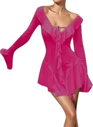 Women Sexy V Neck Tie Front Ruffle Mini Dress Autumn Long Sleeve Casual Slim Fit Solid Ruched Women Dresses Knee