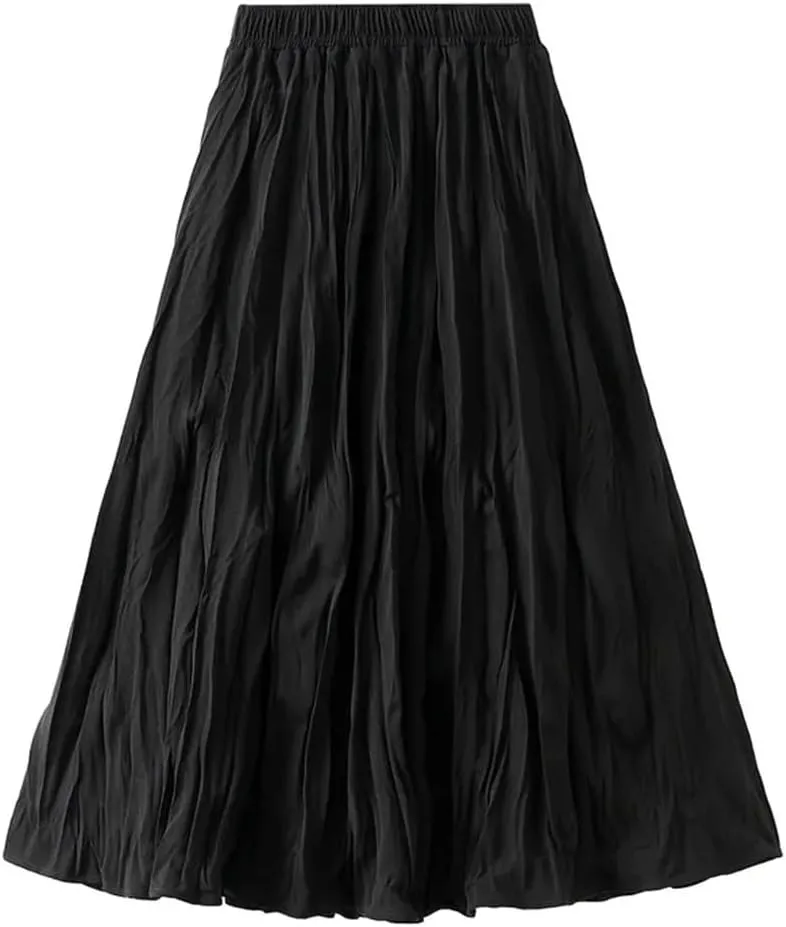 Women Spring Summer Casual High Waist A-Line Long Skirts Solid Color Pleated Midi Skirt