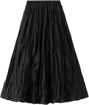 Women Spring Summer Casual High Waist A-Line Long Skirts Solid Color Pleated Midi Skirt