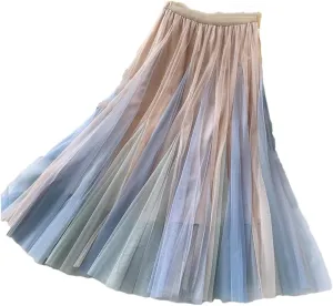 Women Spring Summer Patchwork Tulle Midi Long Pleated Skirt Korean High Waist Skirt