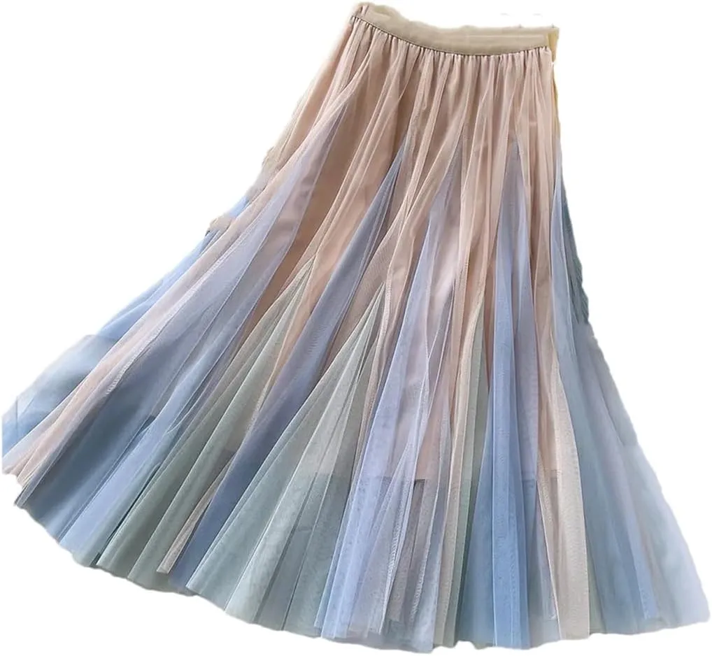 Women Spring Summer Patchwork Tulle Midi Long Pleated Skirt Korean High Waist Skirt