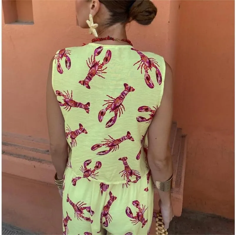 Women Y2k 2 Piece Tie Front Pajamas Set Sleeveless V Neck Lobster Print Tank Top Lace Up Pants Lounge Sets