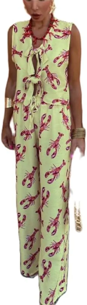 Women Y2k 2 Piece Tie Front Pajamas Set Sleeveless V Neck Lobster Print Tank Top Lace Up Pants Lounge Sets