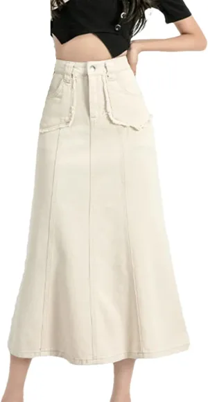 Women's 5-Pocket Fringed Denim Midi Skirt High Waisted Button Down Casual Ruffle Hem Jeans Skirts