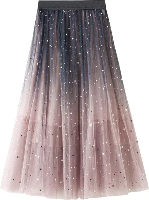 Women's A-Line Swing Skirt Mesh Tulle Skirt Elastic Waist Sequin Skirt Ladies Fashion Elegant Pleated Midi Skirt