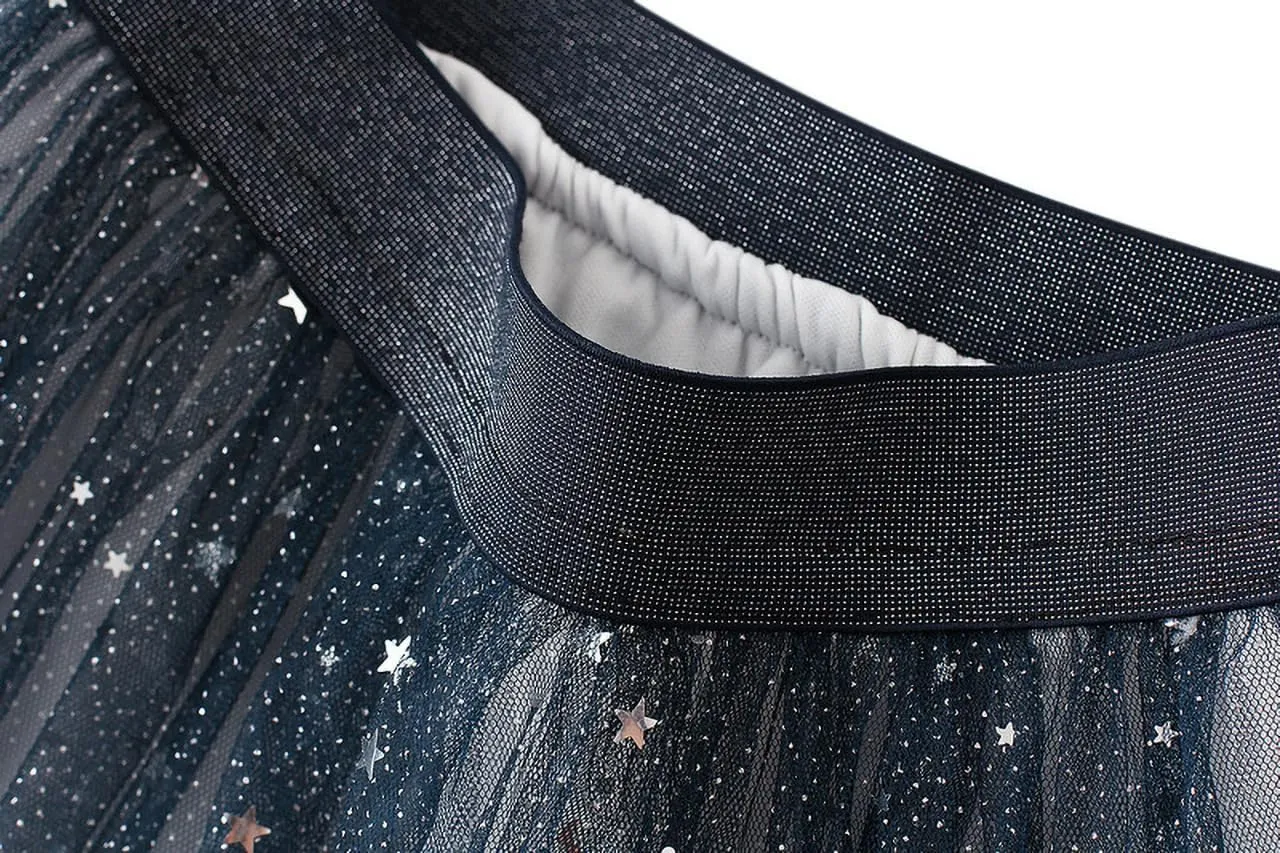 Women's A-Line Swing Skirt Mesh Tulle Skirt Elastic Waist Sequin Skirt Ladies Fashion Elegant Pleated Midi Skirt