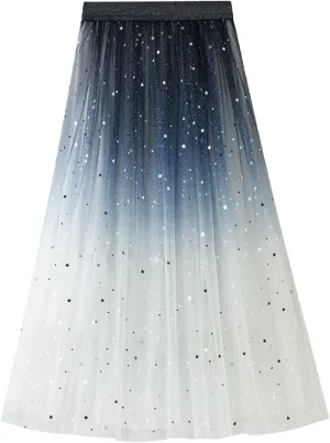 Women's A-Line Swing Skirt Mesh Tulle Skirt Elastic Waist Sequin Skirt Ladies Fashion Elegant Pleated Midi Skirt