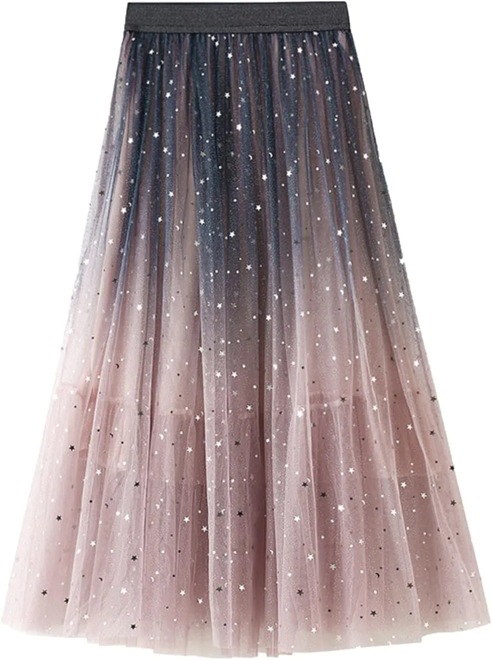 Women's A-Line Swing Skirt Mesh Tulle Skirt Elastic Waist Sequin Skirt Ladies Fashion Elegant Pleated Midi Skirt