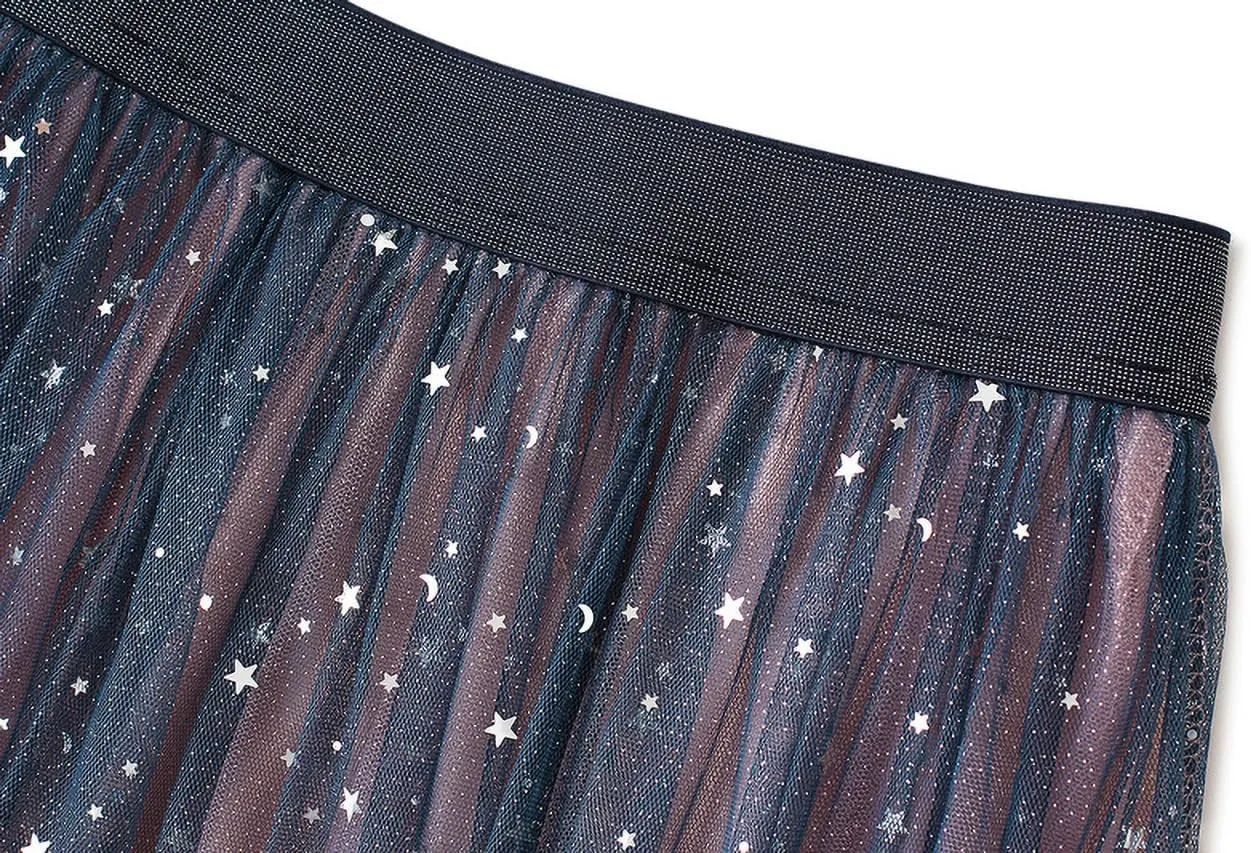 Women's A-Line Swing Skirt Mesh Tulle Skirt Elastic Waist Sequin Skirt Ladies Fashion Elegant Pleated Midi Skirt