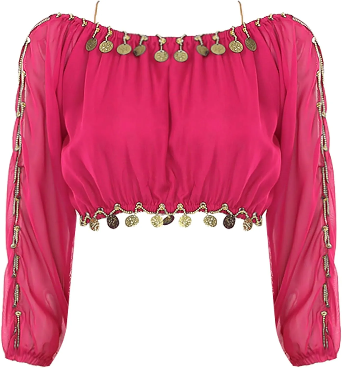Women's Belly Dance Costume Sequins Split Long Sleeve Crop Top with Ruffles Harem Pants Dancewear