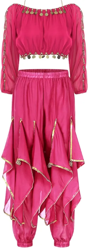 Women's Belly Dance Costume Sequins Split Long Sleeve Crop Top with Ruffles Harem Pants Dancewear
