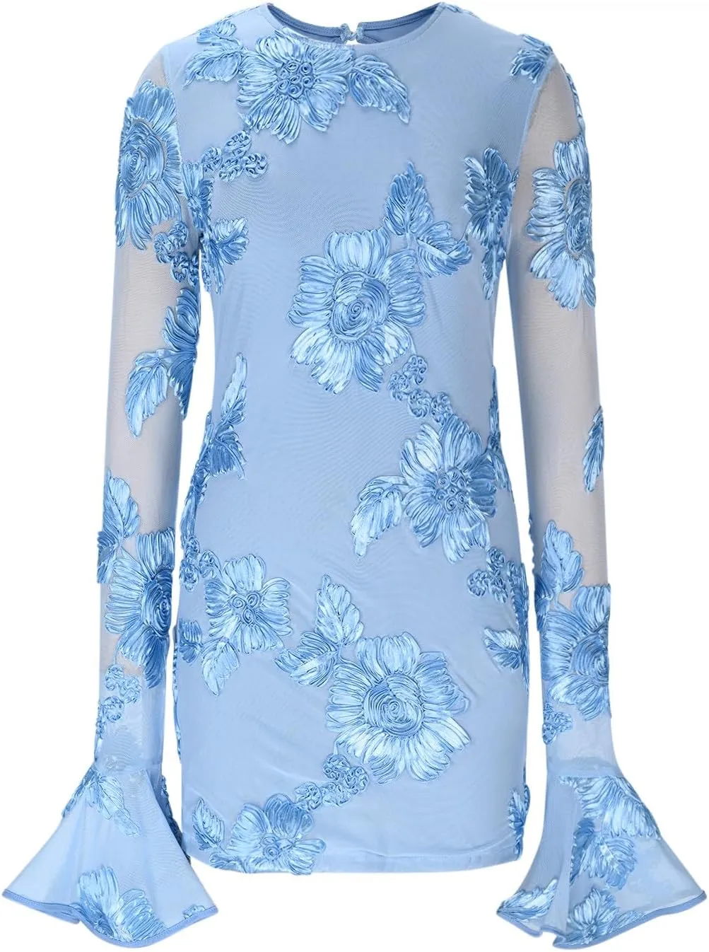 Women's Bodycon Mini Dress Fashion Crew Neck Ruffle Bell Long Sleeve Floral Applique Cocktail Party Club Short Dresses
