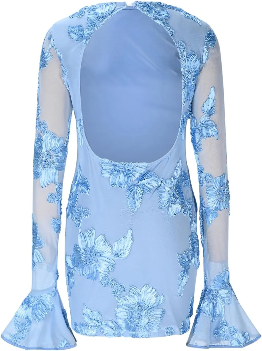 Women's Bodycon Mini Dress Fashion Crew Neck Ruffle Bell Long Sleeve Floral Applique Cocktail Party Club Short Dresses